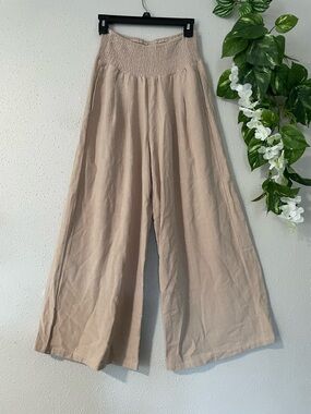Anrabess Linen Wide Leg Palazzo Pants Smocked Waist Boho Beige S